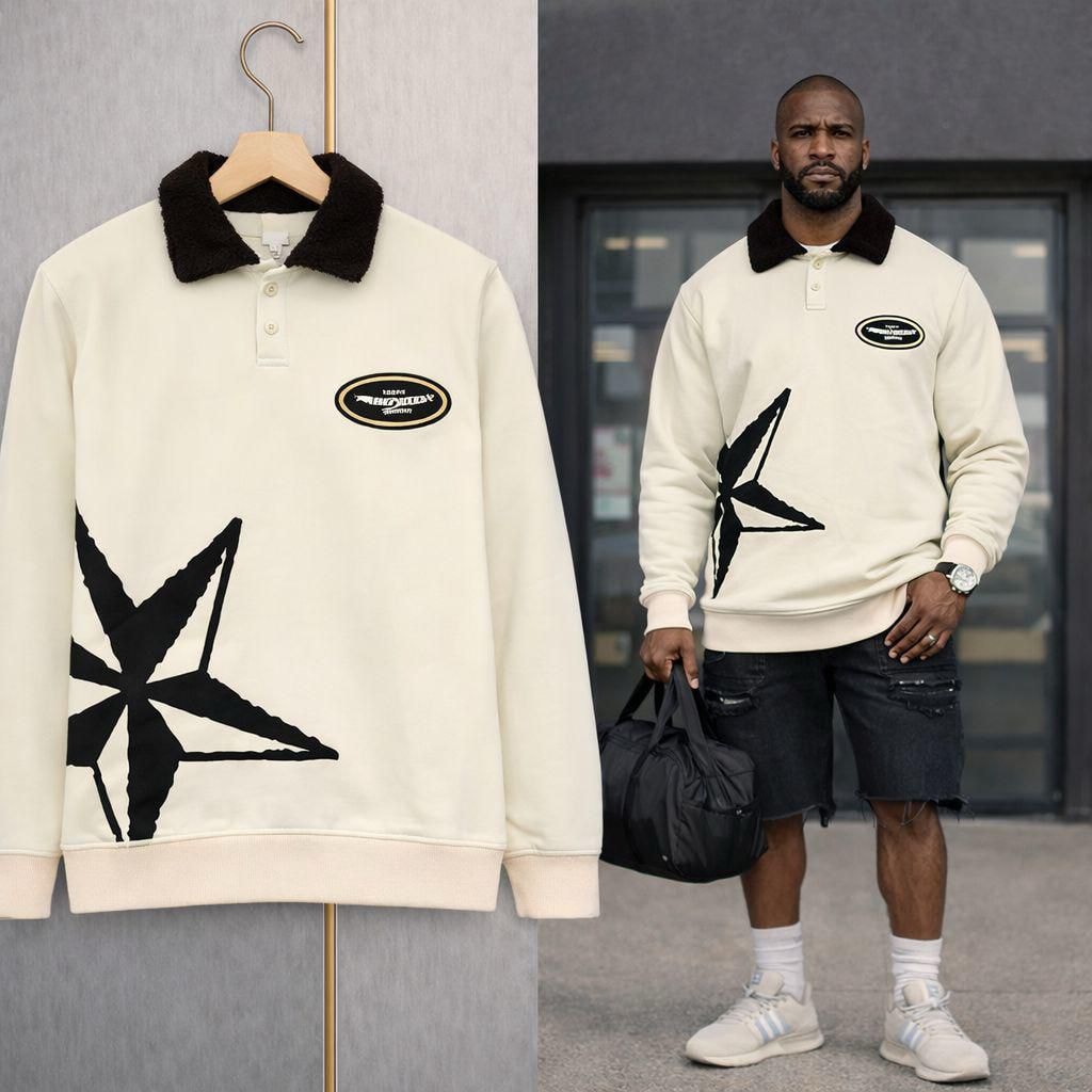 Cream polo sweatshirt with black star graphic on hanger and model.