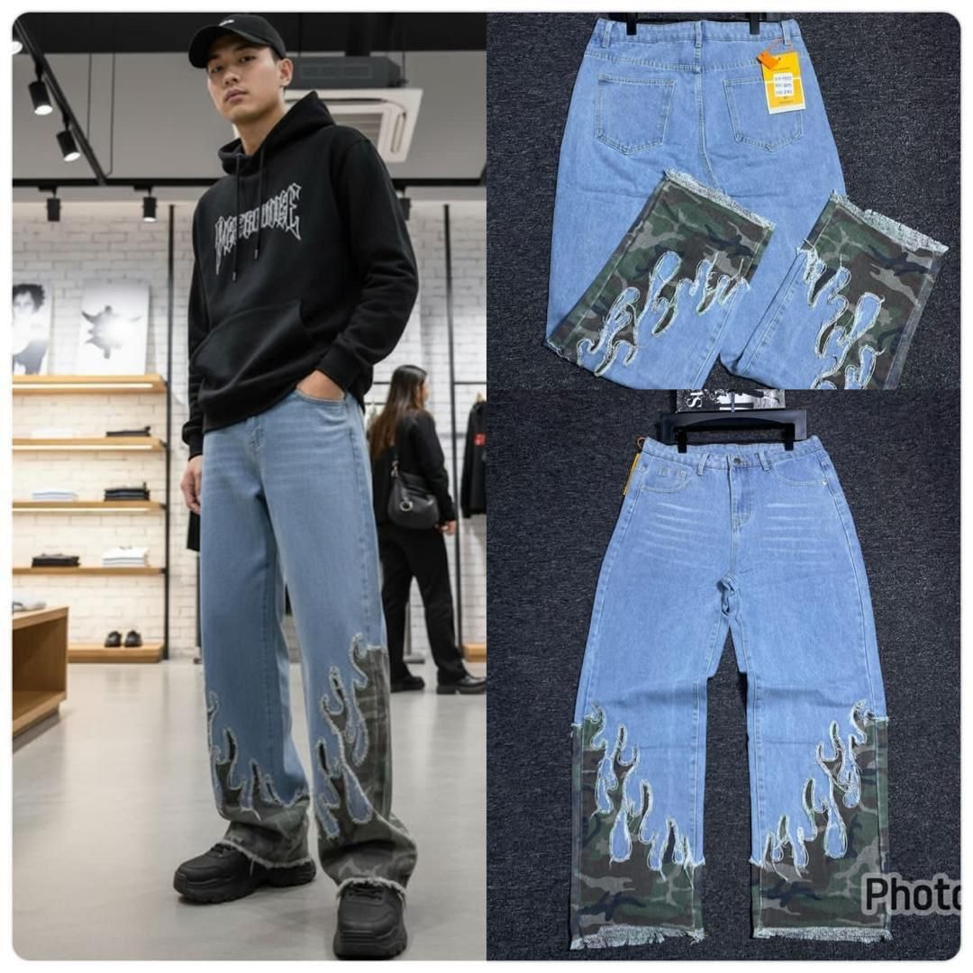 Man modeling blue baggy jeans with camo flame details and flat lay views of the garment.
