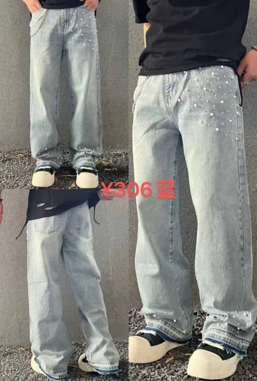 Multiple views of light blue baggy jeans with pearl details, side, front and back angles.
