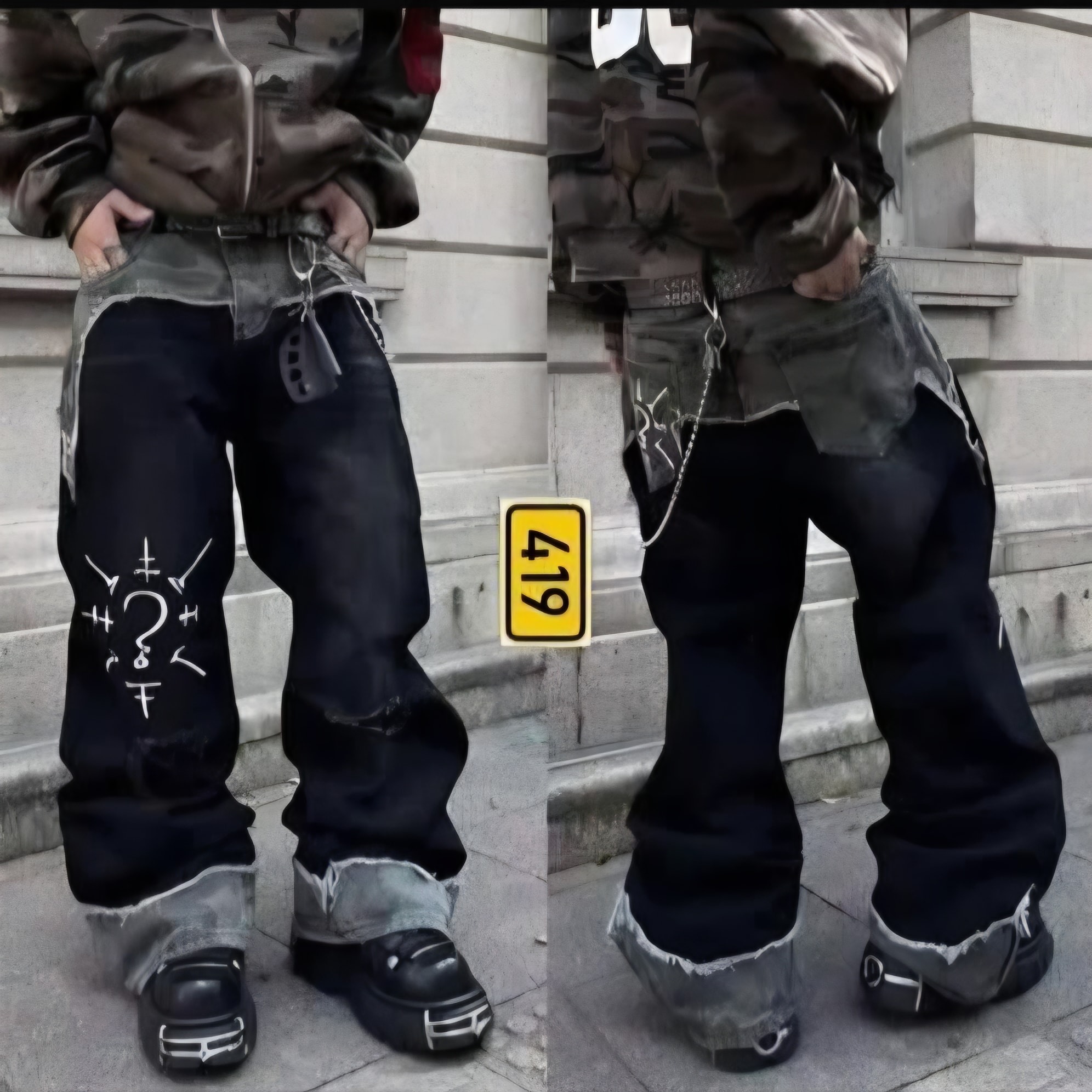 Person wearing black baggy jeans with white symbols, chains and distressed hems, front and back views.
