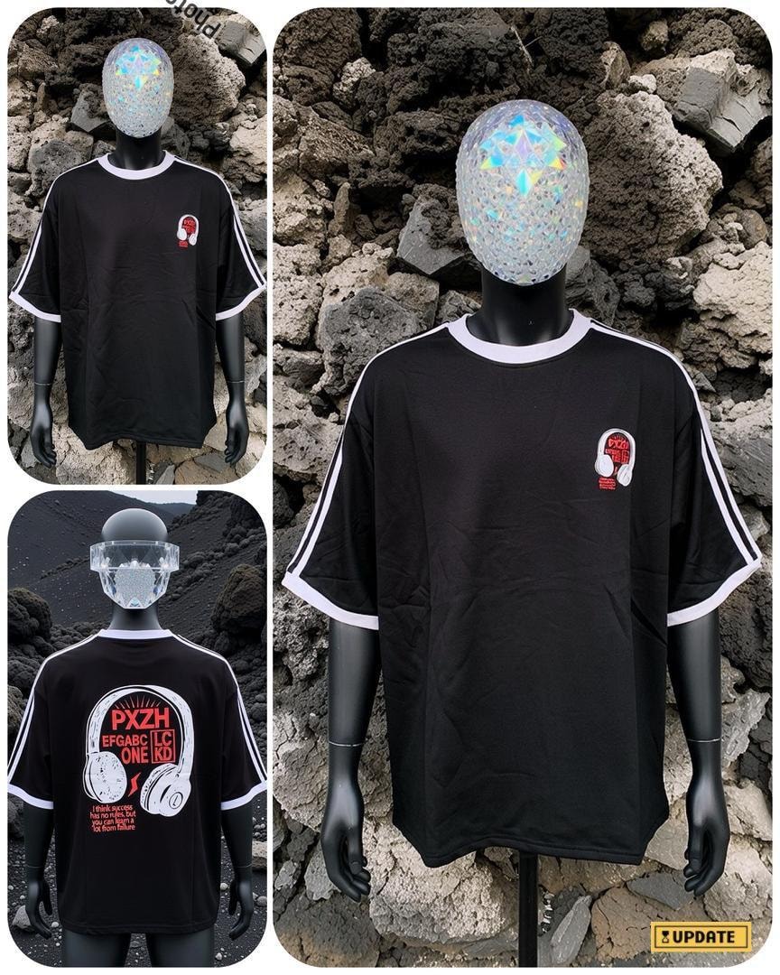 Black PXZH headphones graphic t-shirt shown on mannequin in multiple views including front and back.