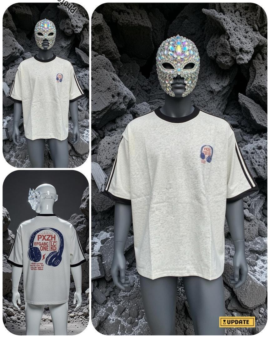 Cream PXZH headphones graphic t-shirt shown on mannequin in multiple views including front, side and back.