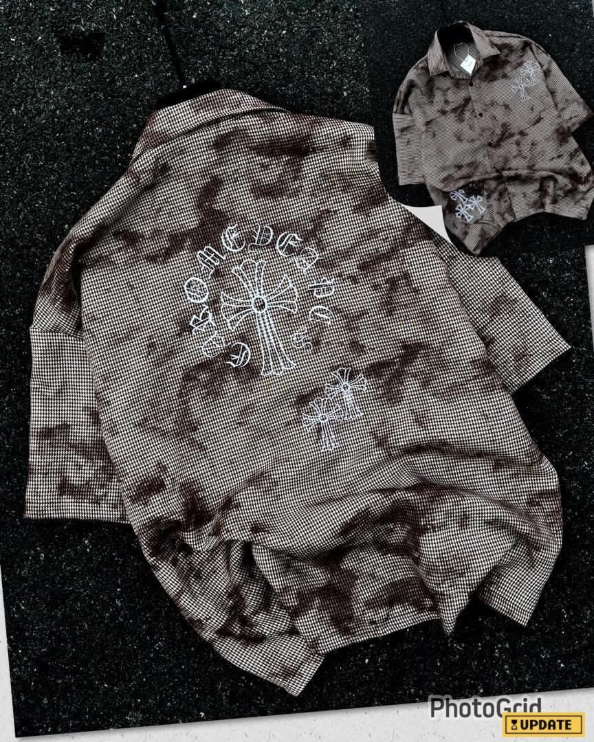 Brown checkered shirt with bleached design and prominent white Chrome Hearts back embroidery.