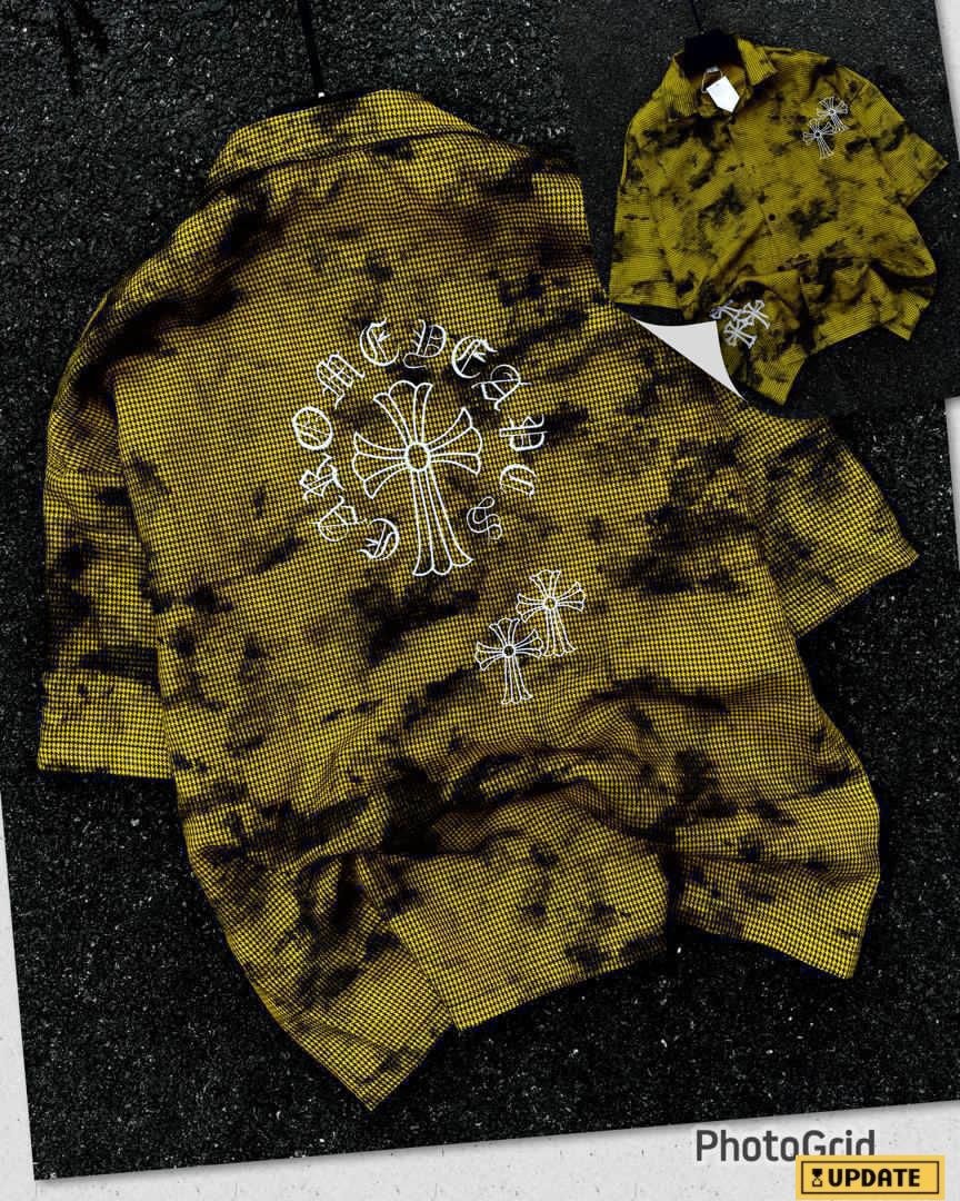 Yellow checkered shirt with black bleached patterns and white embroidery on back.