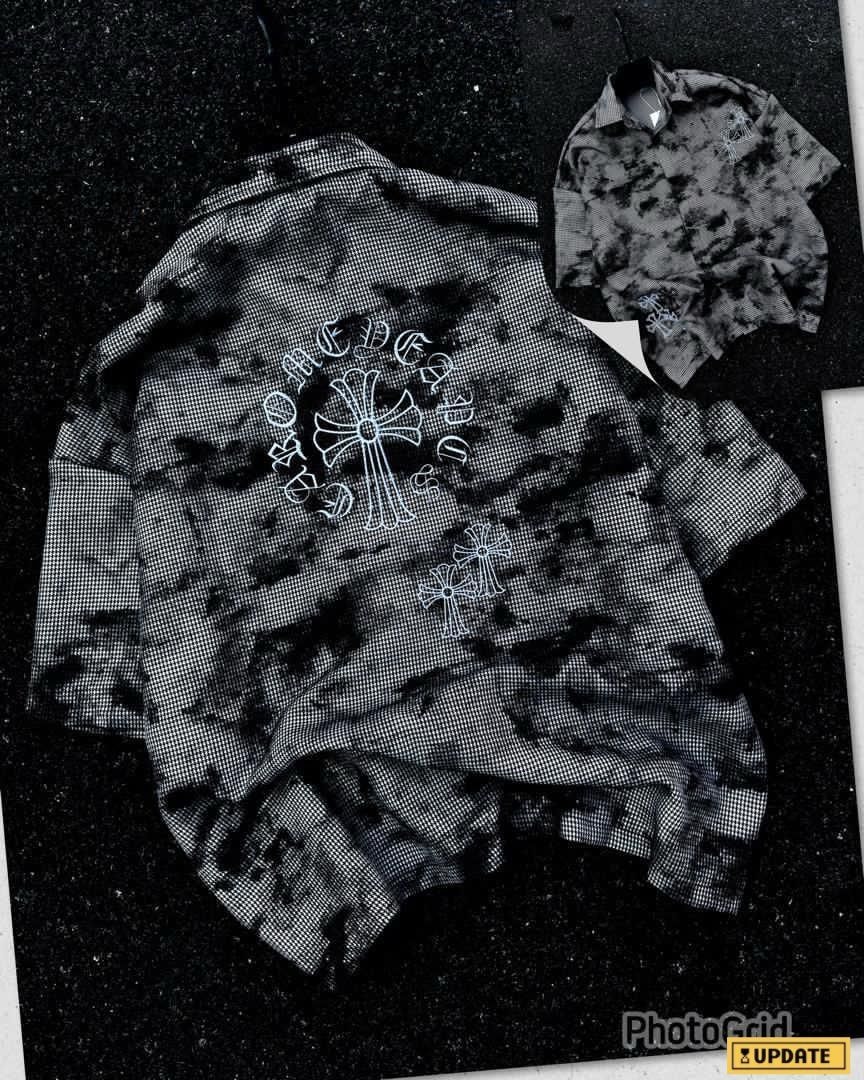 Black checkered shirt with bleached effects and white Chrome Hearts embroidery on back.