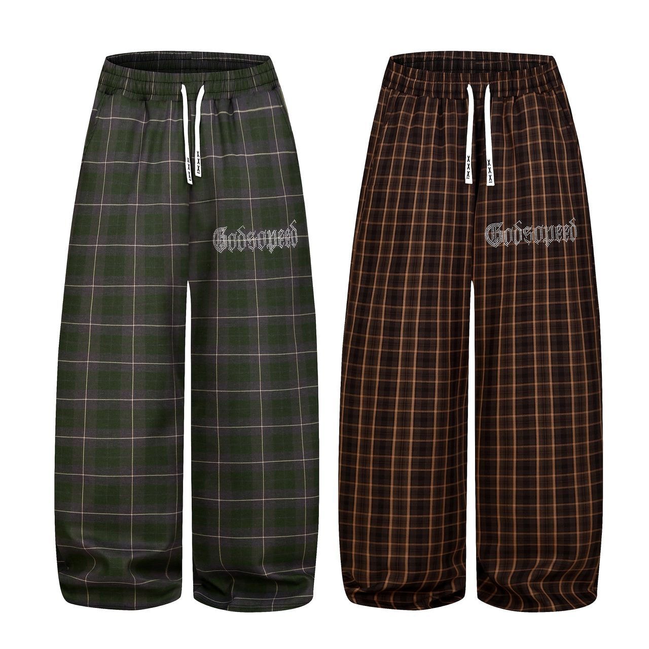 Green and brown plaid joggers with Godspeed embroidery shown side by side.