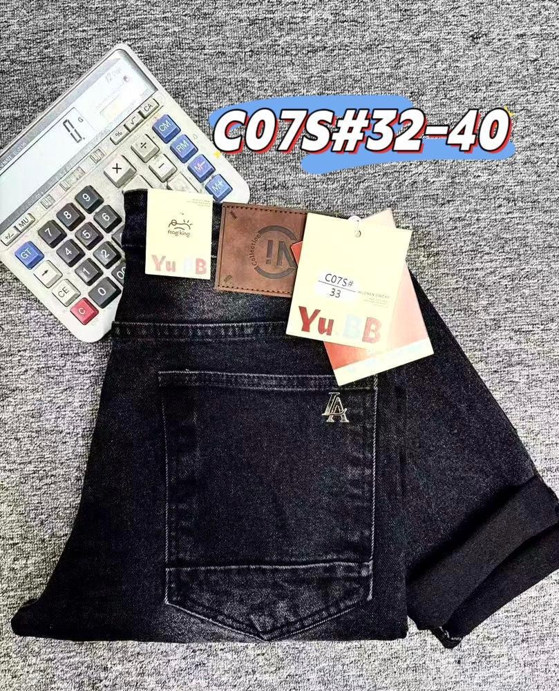 Black men's jeans with Yu EB and frog king tags, labeled C07S#32-40.