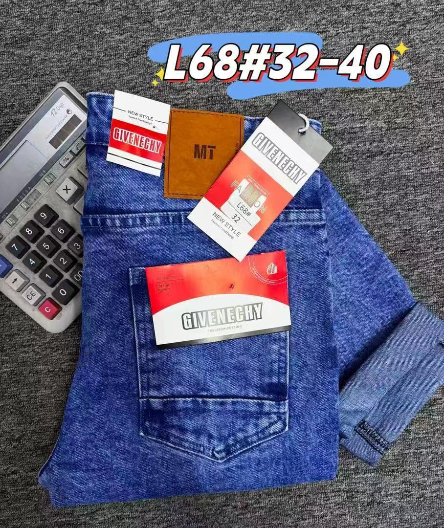 Blue men's jeans with Givenchy tags and calculator beside it, labeled L68#32-40.