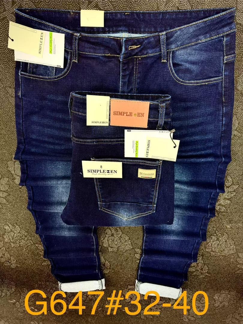 Dark navy men's jeans displayed with Simple Zen tags and size label G647#32-40.