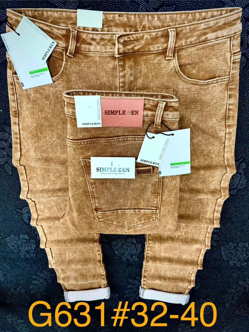 Tan plain Simple Zen jeans shown flat with tags and size label G631 32-40.