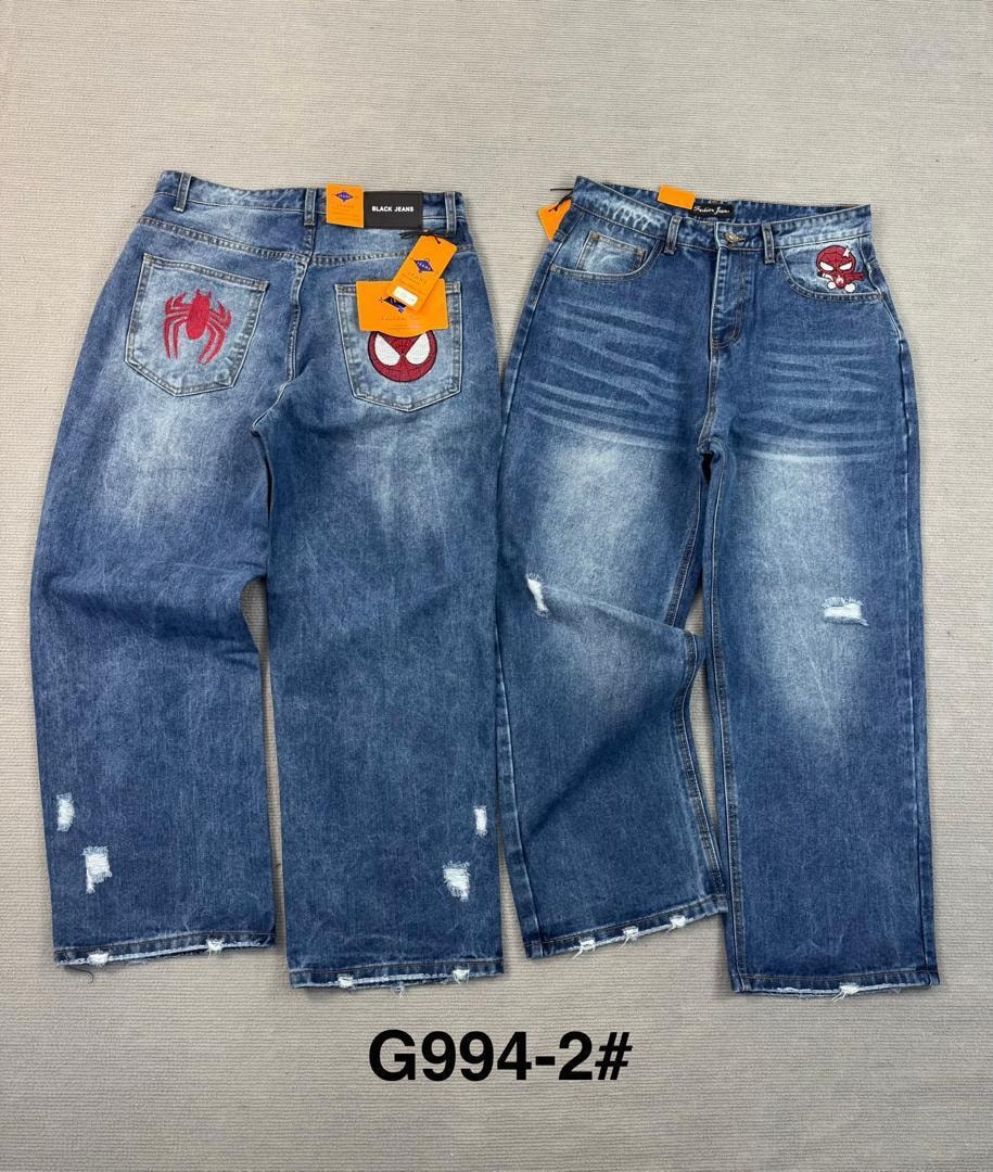 Blue baggy jeans with red spider and Spiderman embroidery on back pockets, shown side by side with another pair.