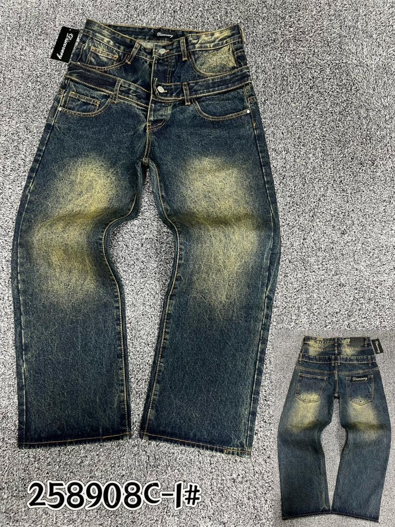 Blue baggy jeans with yellow bleach fade patterns on thighs, shown in front and back flat lays.