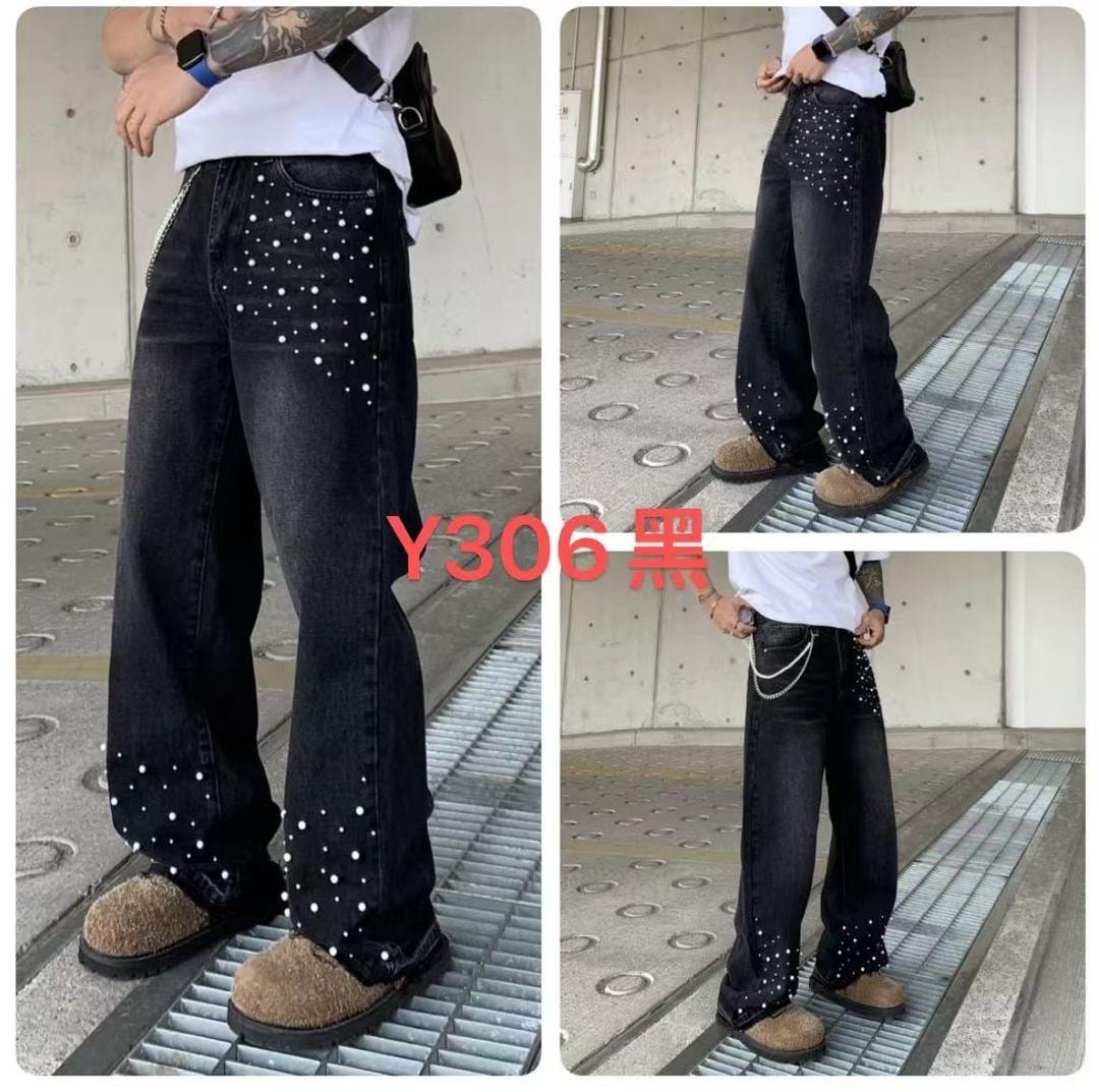 Model wearing black baggy jeans with white pearl patterns and chain in multiple urban poses.