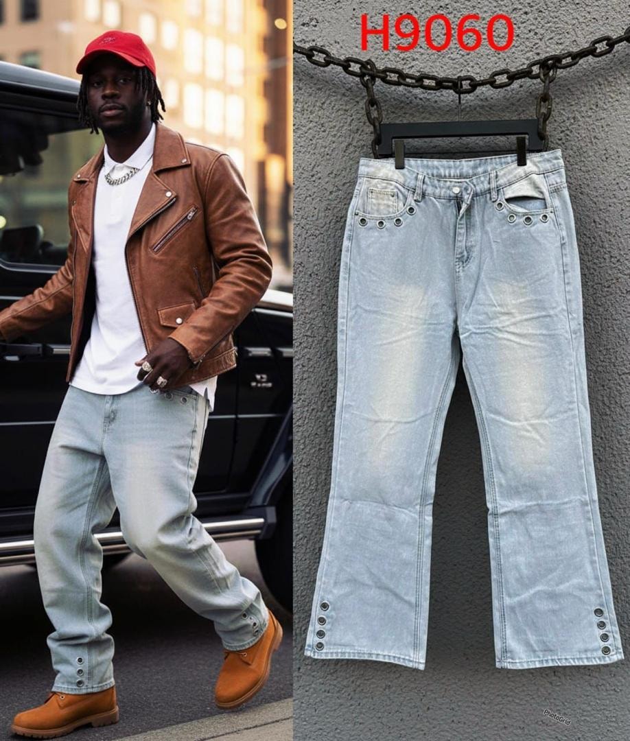 Split view of light blue baggy jeans with eyelets: model wearing them outdoors and flat product shot.