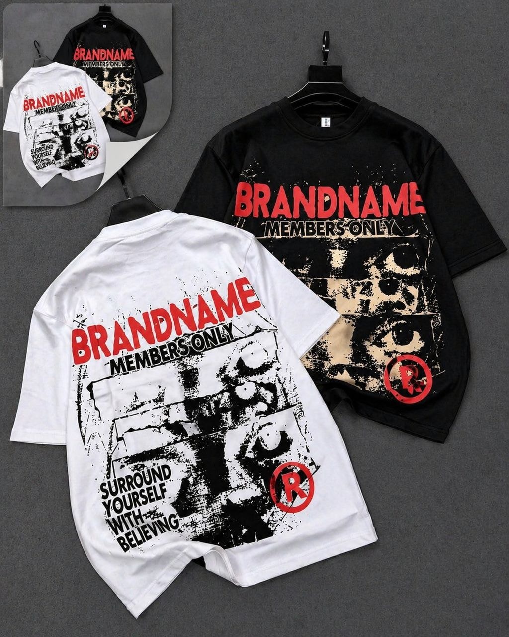White and black skull collage graphic tees showing multiple views.