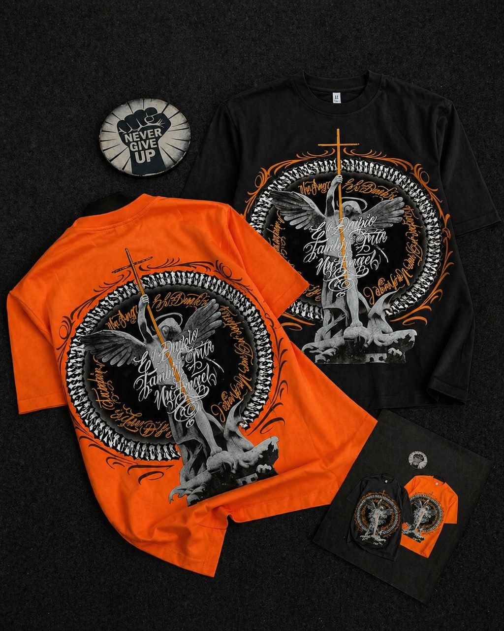 Orange and black angel graphic tees displayed front and back.