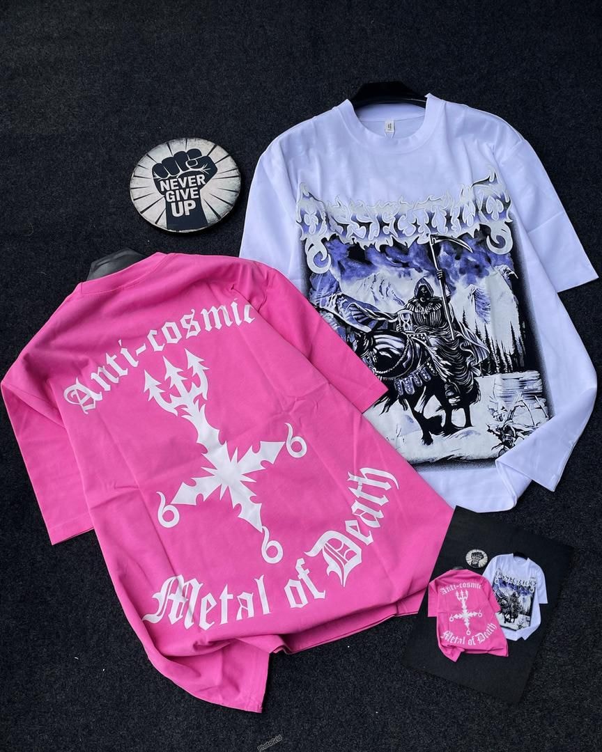 Pink and white grim reaper and anti-cosmic graphic tees with front and back views.