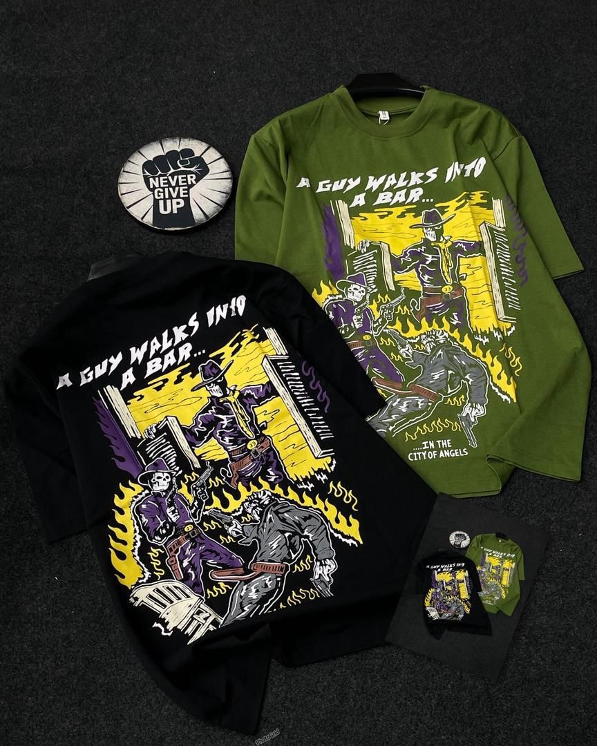 Black and green skeleton cowboy graphic tees with front and back views.