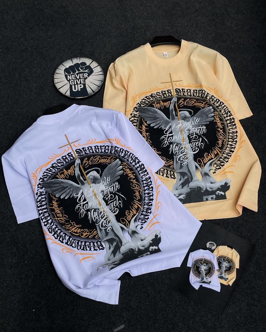 White and yellow angel graphic tees showing front and back prints.