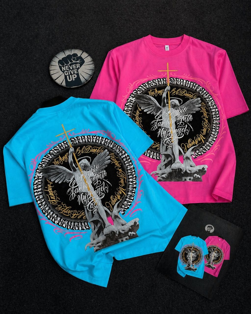 Blue and pink angel graphic tees with front and back views plus details.