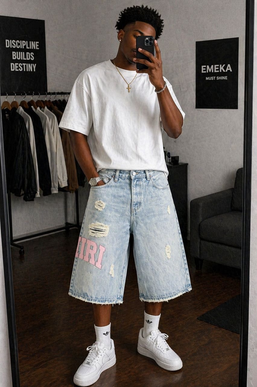 Man wearing light blue baggy ripped AMIRI jorts with white oversized t-shirt, white sneakers, and accessories.