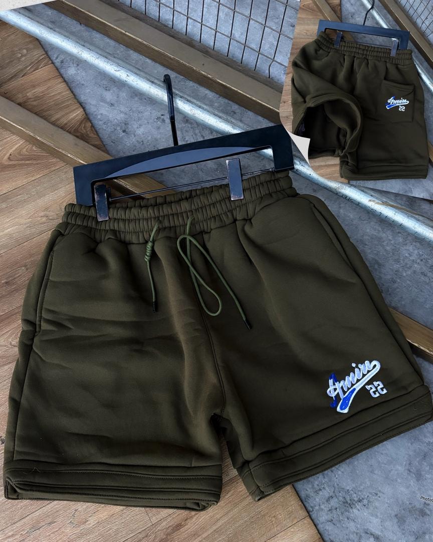 Olive unisex fleece shorts with Amour 22 embroidery on leg and back pocket.