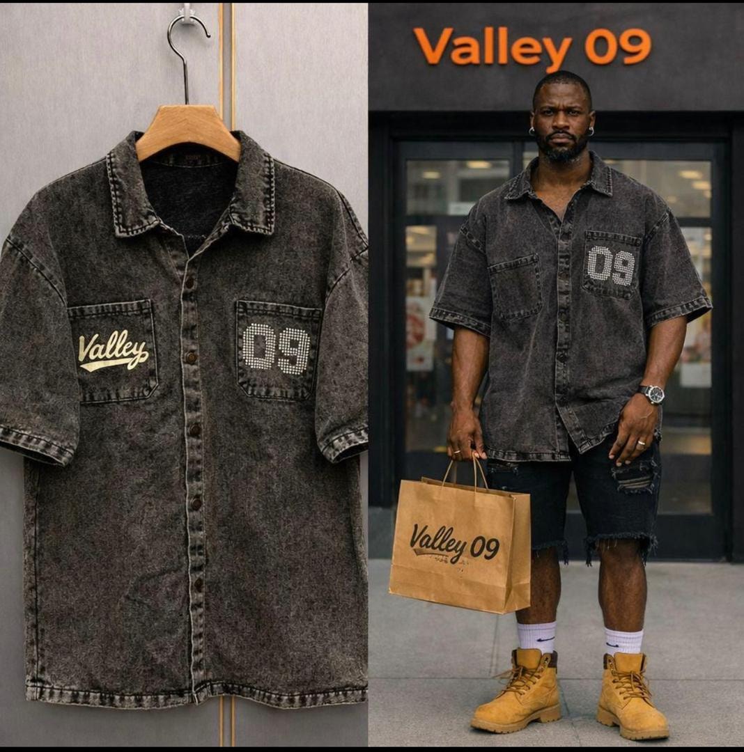Black Valley 09 denim jacket on hanger and worn by model.