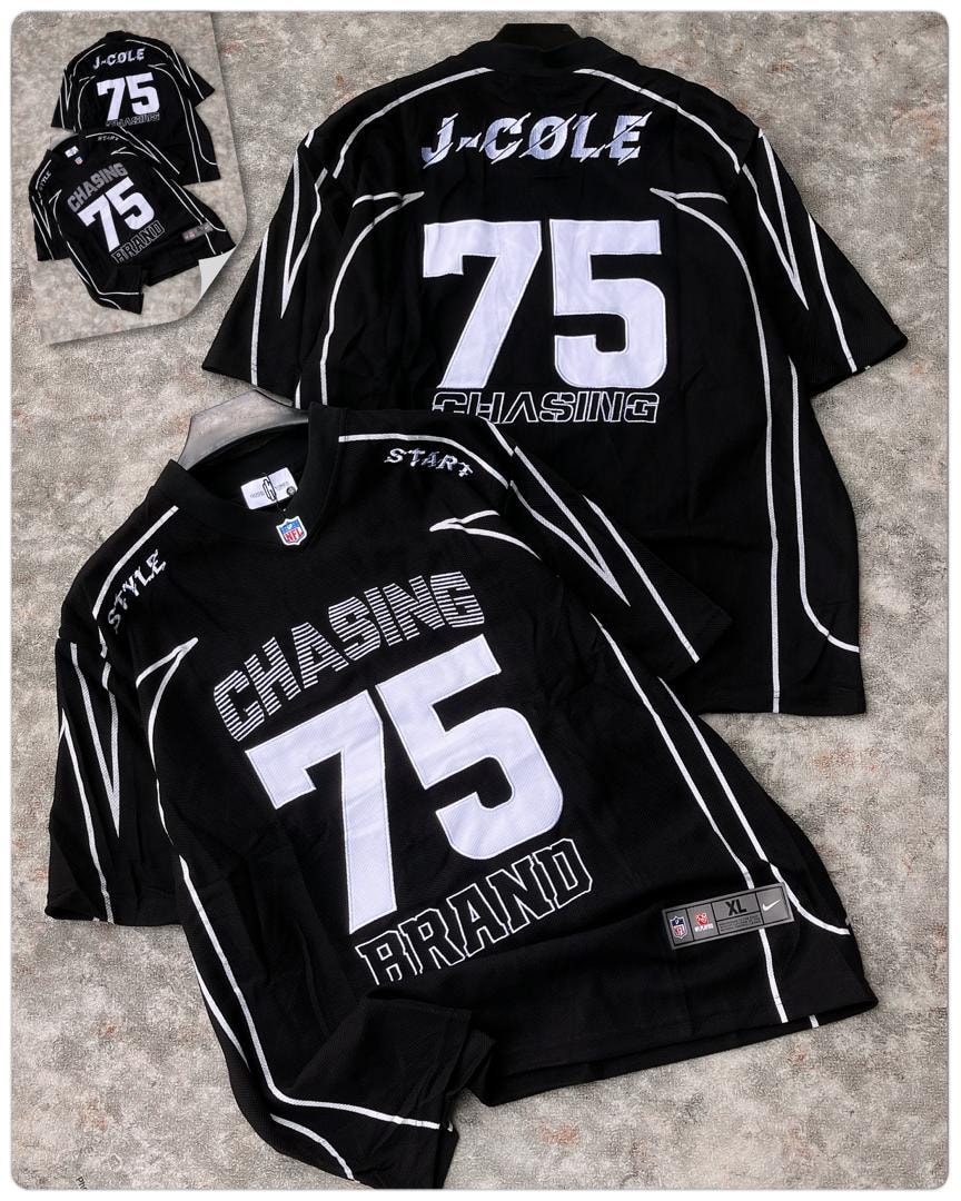 Black J-Cole Chasing 75 jersey front and back views with white prints.