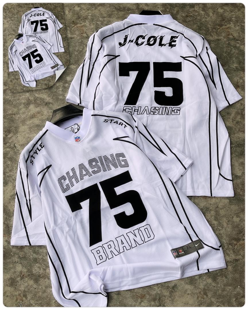 White J-Cole Chasing 75 jersey showing front and back with graphics.