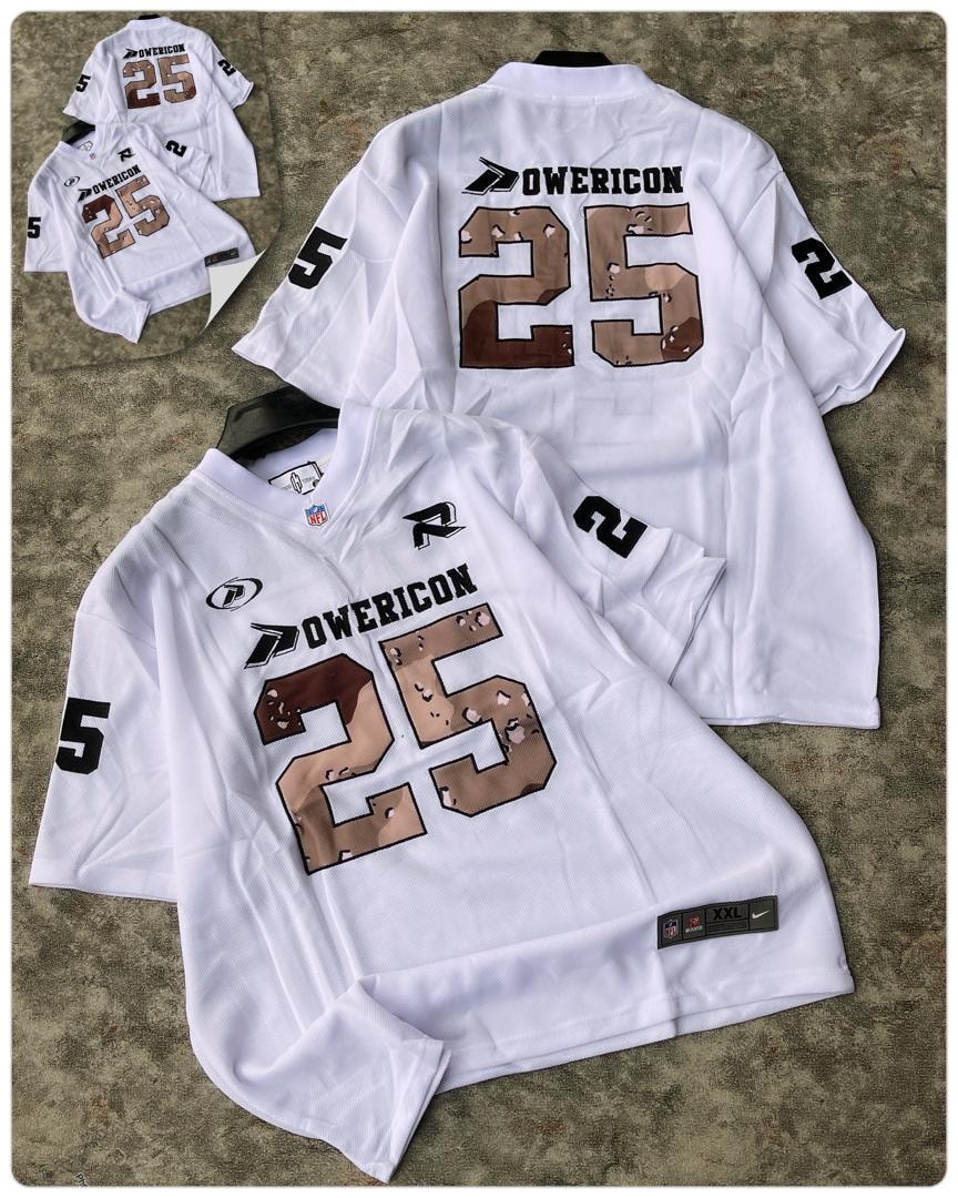 White Powericon 25 jersey displayed with front graphic and back view inset.