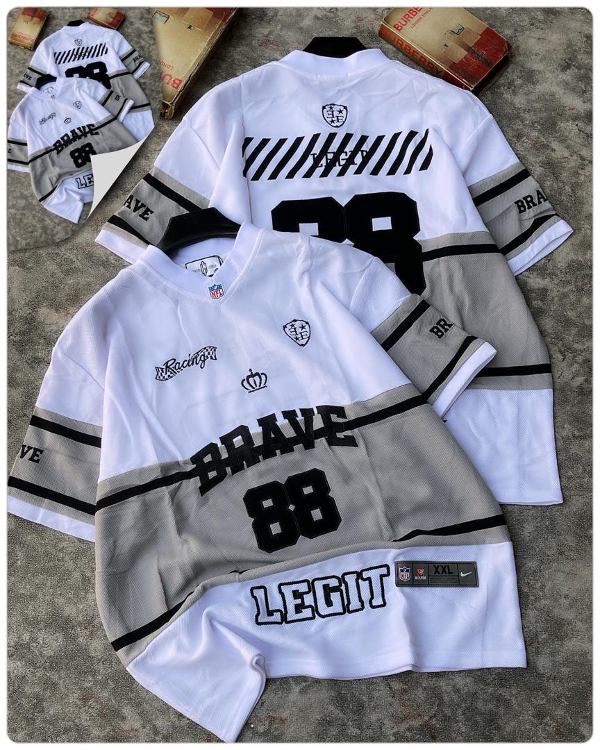 White and gray Brave 88 Legit jersey with front and back graphics visible.