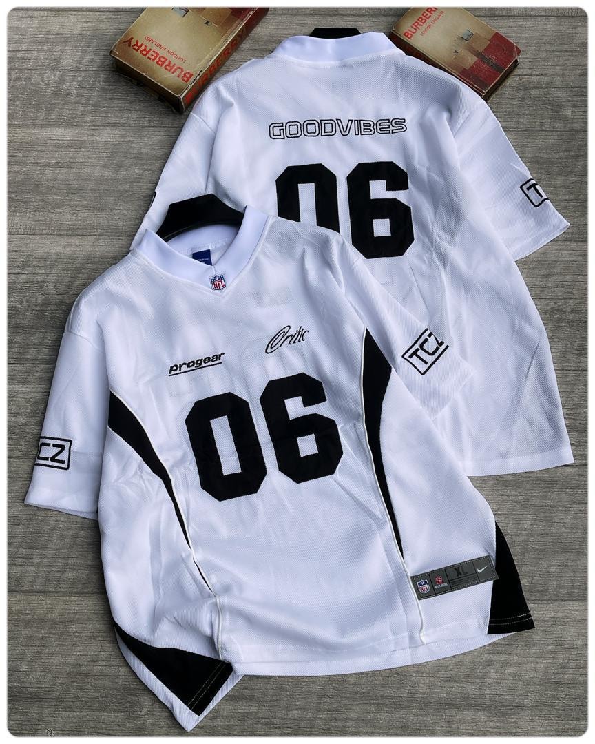 White Goodvibes 06 mesh jersey showing front graphic and back numbering.