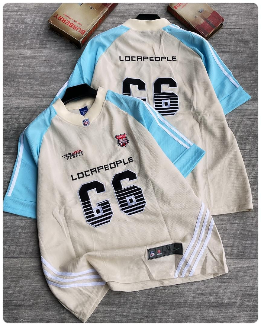 Beige Locapeople 66 mesh jersey with blue sleeves shown on hanger and inset back view.