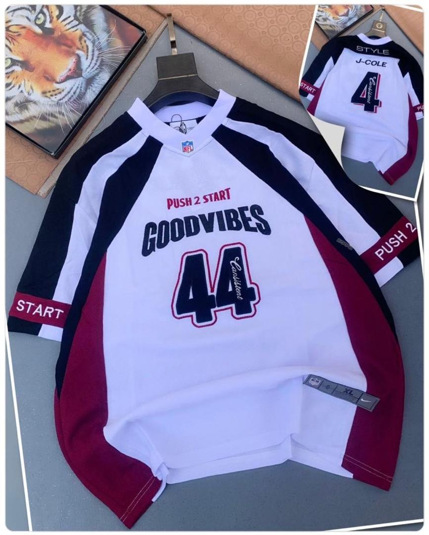 White and maroon Push 2 Start Goodvibes 44 jersey front view with size label.