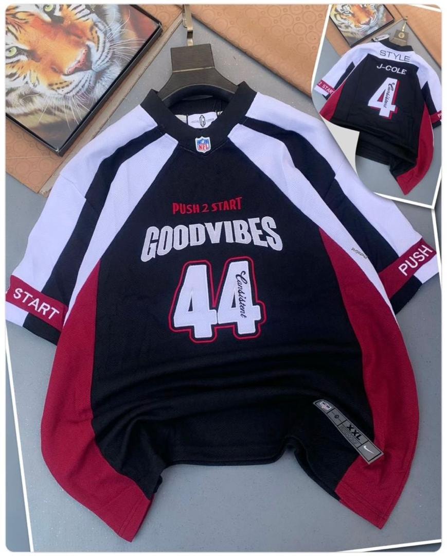 Black and red Push 2 Start Goodvibes 44 jersey on display with inset back view.