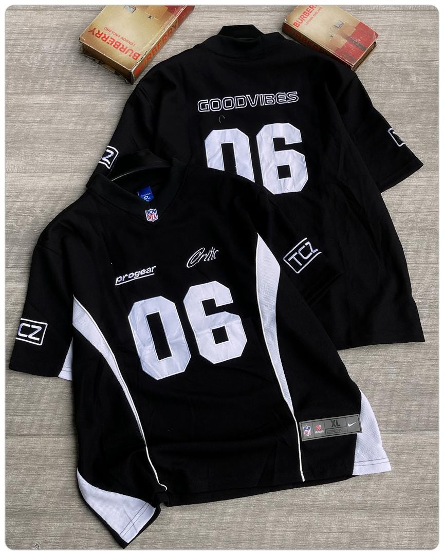 Black Goodvibes 06 mesh jersey shown in front and back views with size tag.