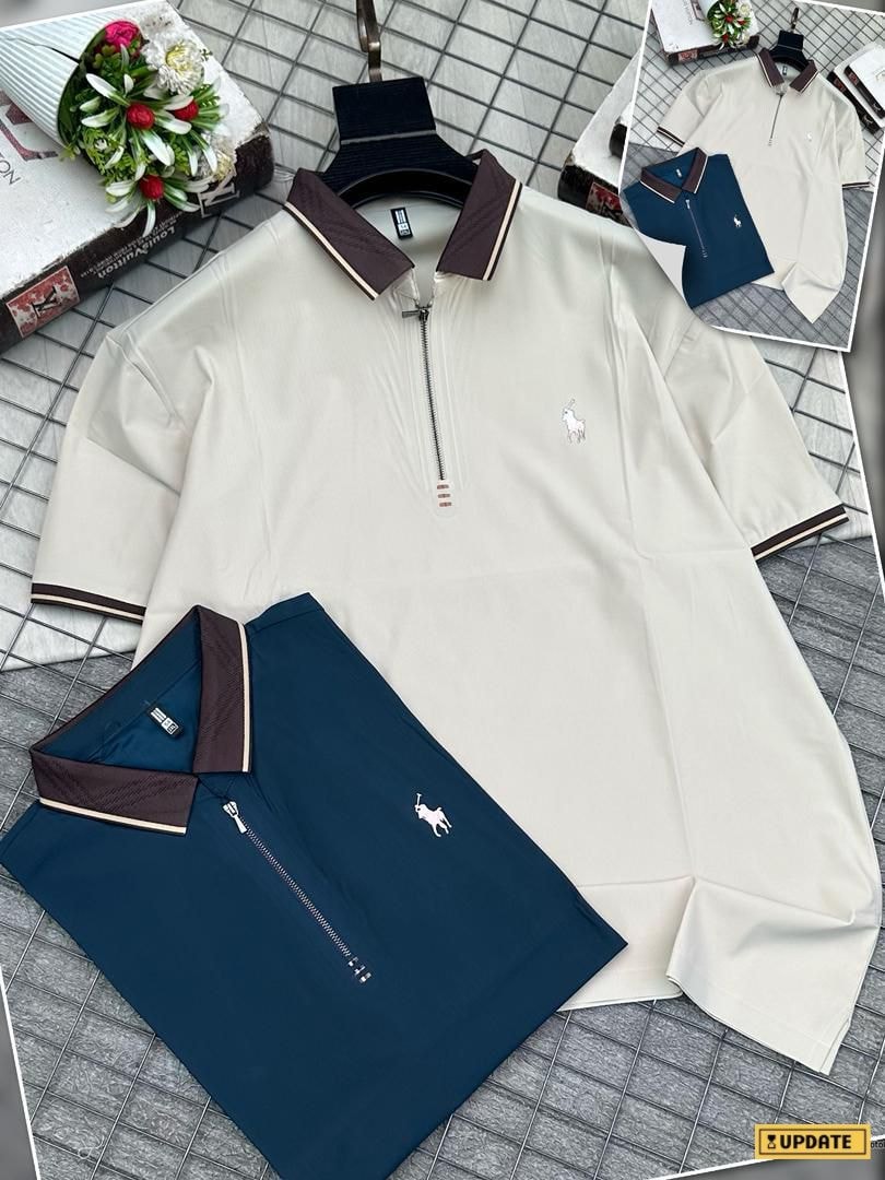 Cream zip-up polo and navy bottoms two-piece set laid flat with floral props and color variants shown.