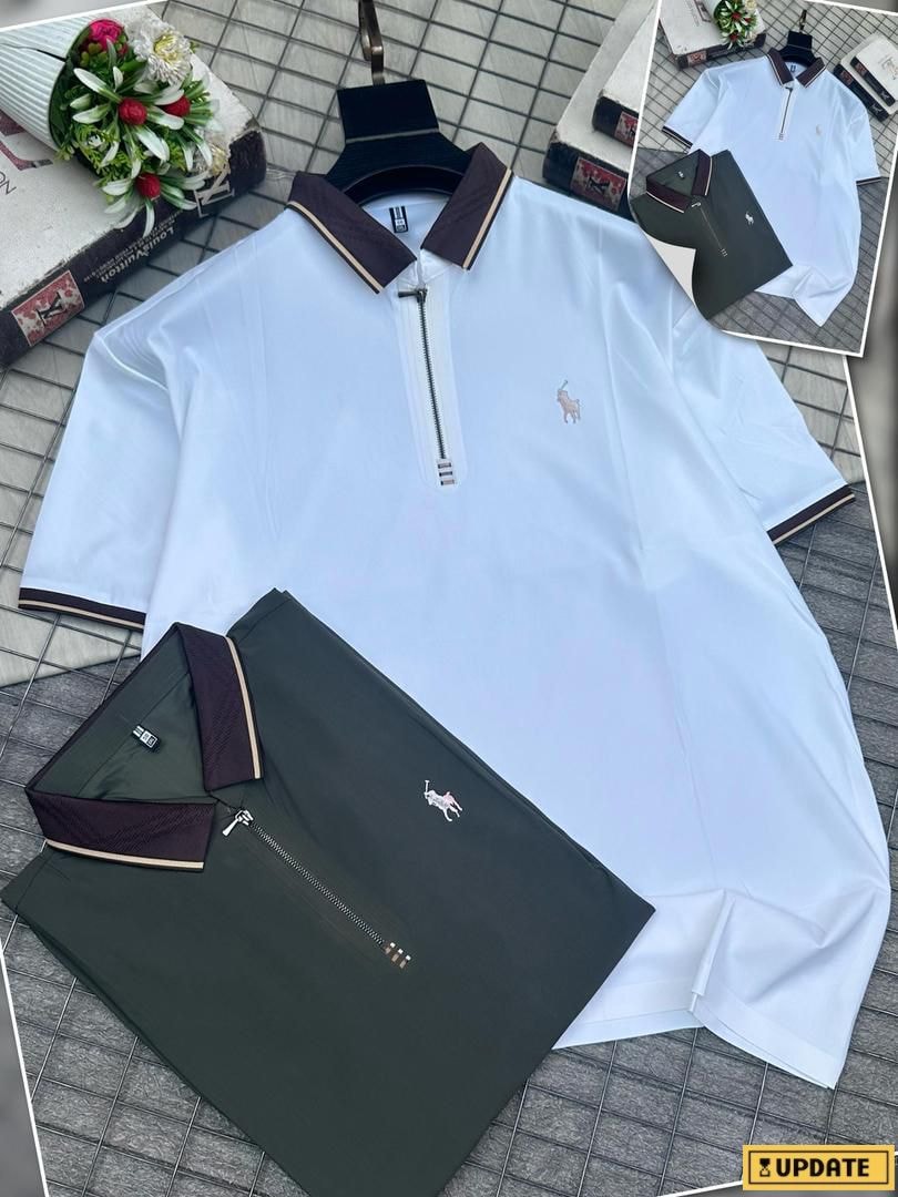 White zip-up polo and dark green bottoms two-piece set displayed with accessories and color insets.
