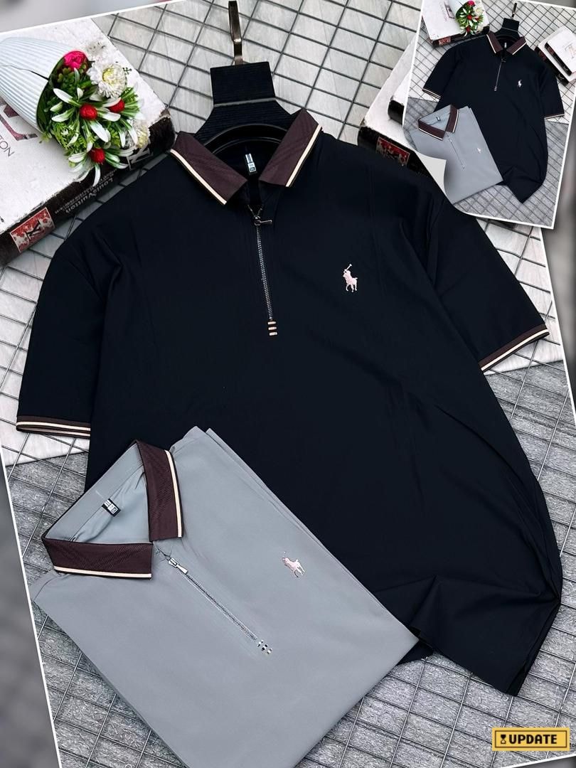 Black zip-up polo and matching bottoms two-piece set on tiled floor with flower bouquet and insets.