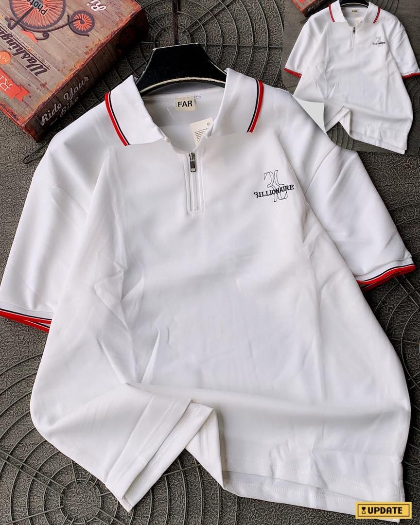 White 3ILLIONAIRE quarter-zip polo shirt featuring red striped details and embroidery.