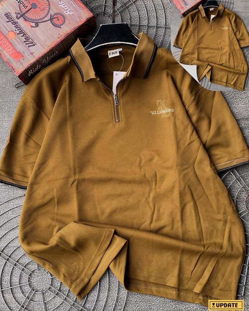 Camel 3ILLIONAIRE quarter-zip polo shirt with black striped collar accents.