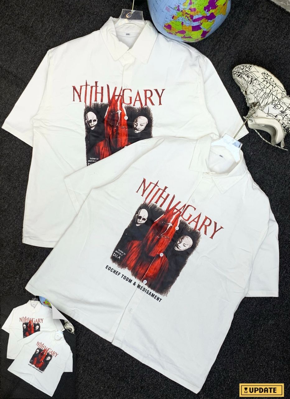 Two white short sleeve shirts with NTHVAGARY horror graphic print.