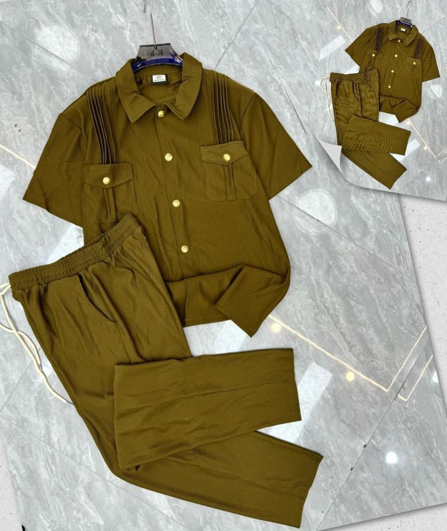 Olive pleated button-up shirt and pants two-piece set with gold buttons.