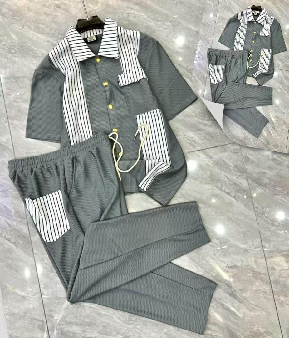 Gray ribbed button-up shirt and pants two-piece set with white stripes.