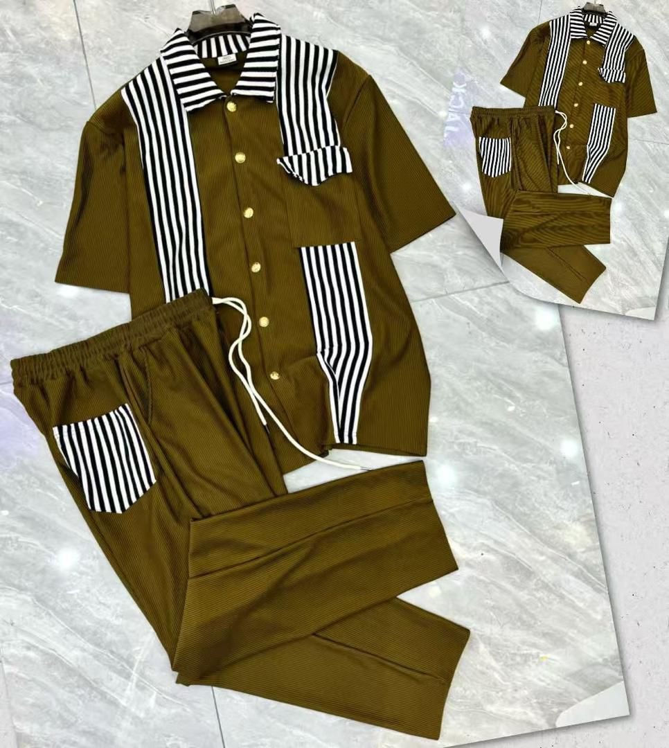 Olive ribbed button-up shirt and pants two-piece set with black and white stripes.