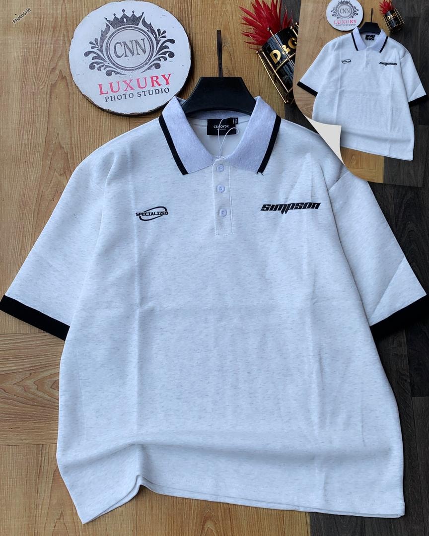 Gray polo shirt with black contrast trim and chest embroidery.