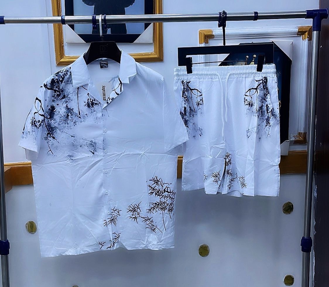 White shirt and shorts set with black bamboo and ink print.