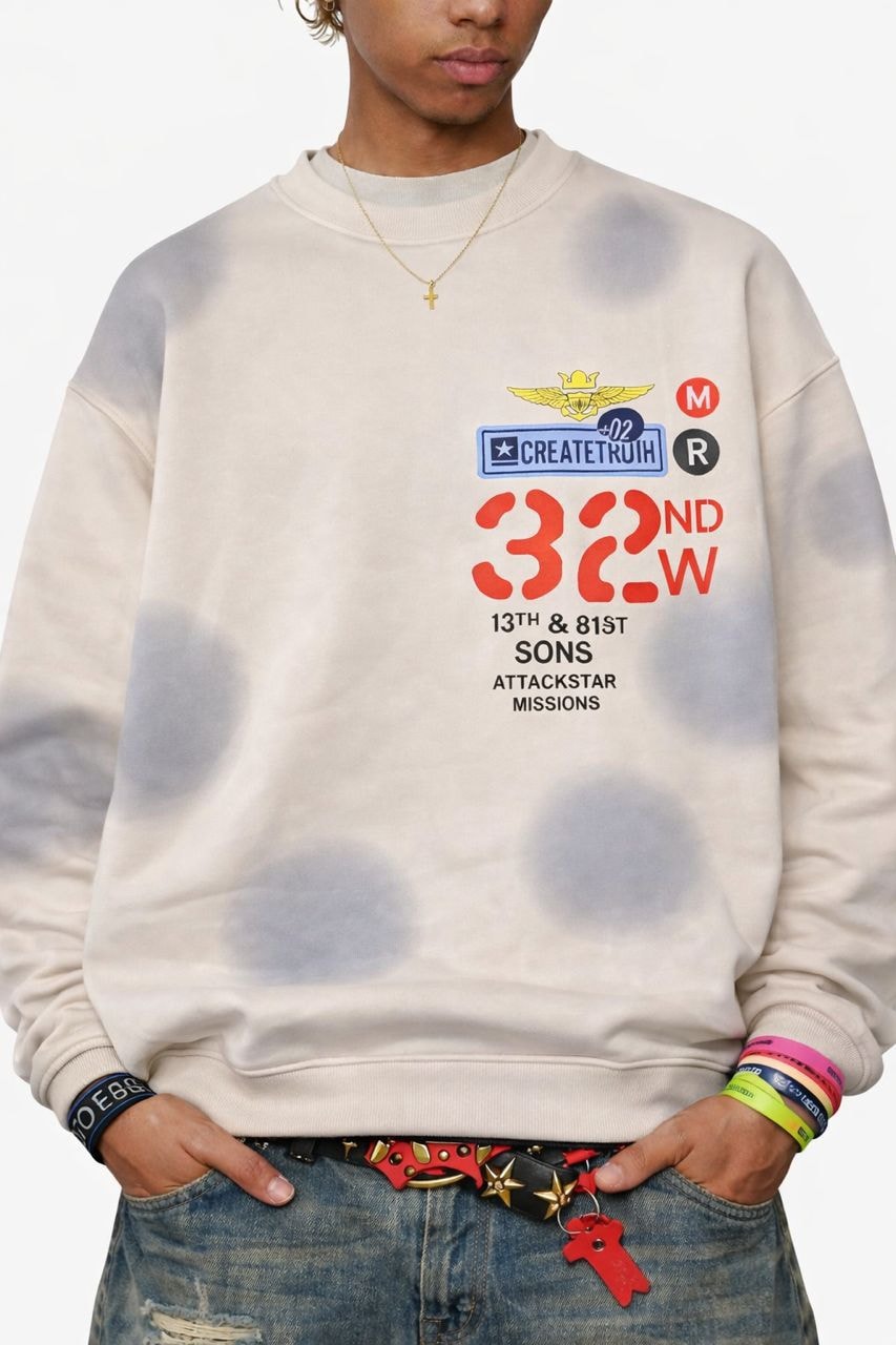 Model wearing cream bleached 32ND W graphic sweatshirt with colorful prints.