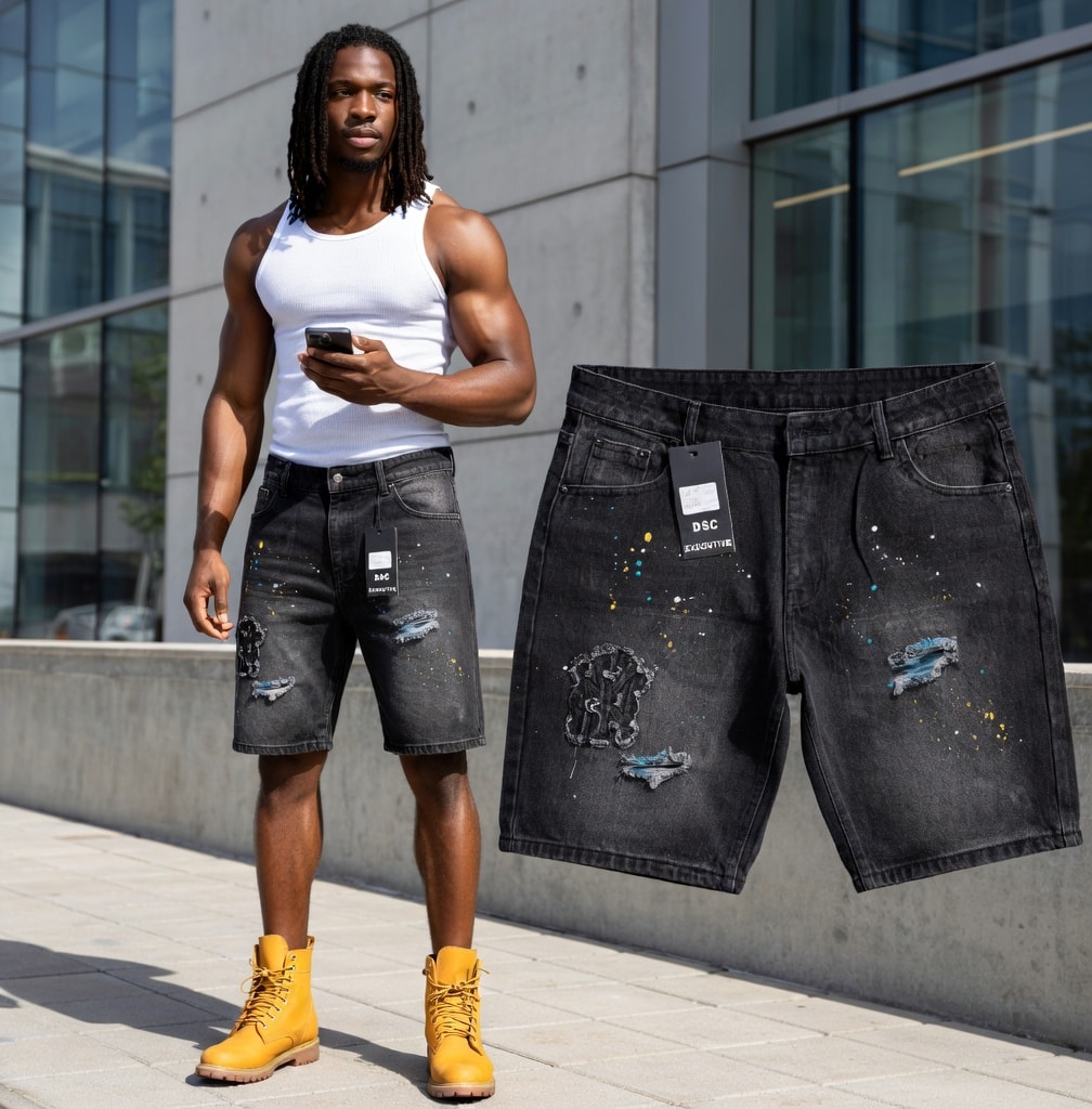 Man modeling black distressed paint splatter denim shorts alongside flat lay view.