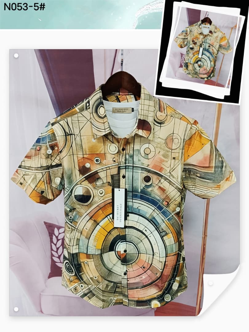 Short sleeve shirt with beige yellow geometric circle and line print on hanger.